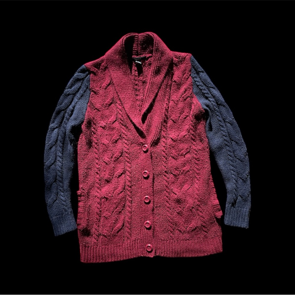 Burgundy and Navy Blue Cable Knit Cardigan